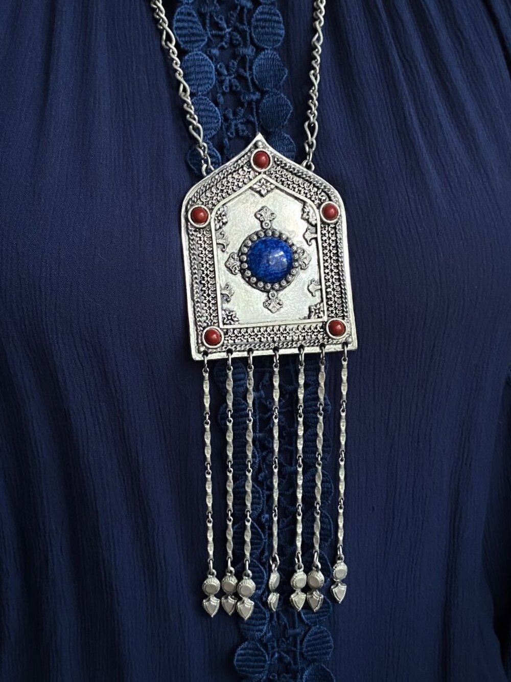 Vintage Accessocraft Tibetan Tribal Ethnic Silver Jewel Tassel Pendant Necklace